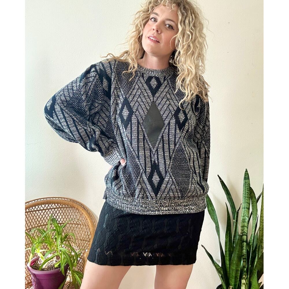 80s Leather Diamond Grandpa Sweater Men's 1X